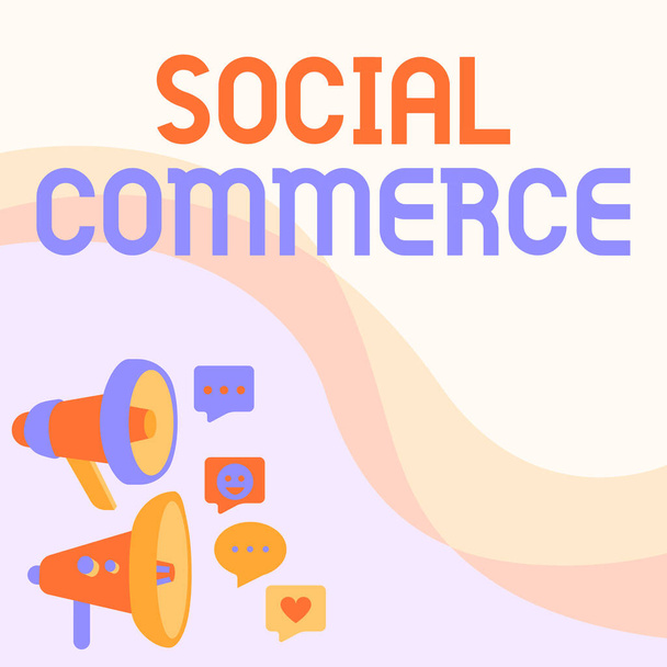 Conceptual caption Social Commerce. Word for uses social networks in the buying of selling of products Megaphones Drawing Giving Positive Comments Making Announcement - Photo, Image