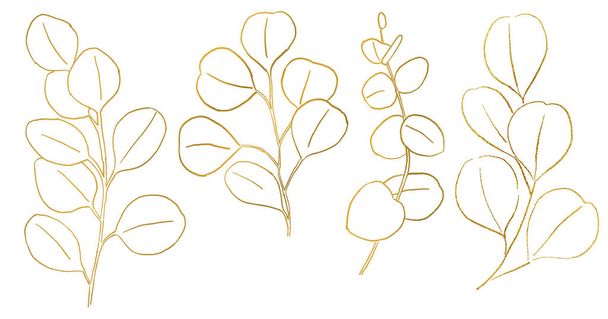 Arany akvarell eukaliptusz botanikus levelek illusztráció. Elegáns elem az esküvő tervezéséhez, üdvözlőlapokhoz és kézművességhez, szöveges hely - Fotó, kép