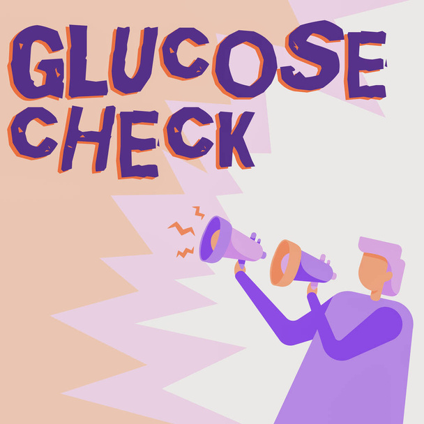 Text zeigt Inspiration Glucose Check. Ein Wort für ein Verfahren, das die Zuckermenge im Blut misst.. - Foto, Bild