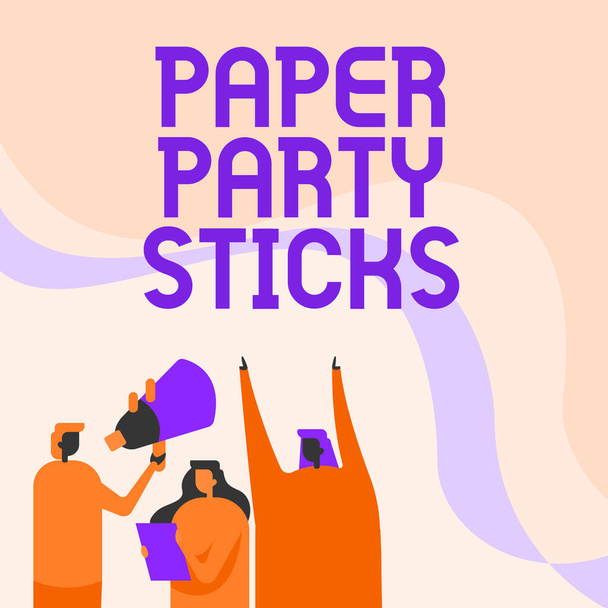 Inspiration showing sign Paper Party Sticks. Word Written on hard painted paper shaped used for signs and emoji Activists Holding Thier Megaphones And Placards Making Announcement. - Photo, Image