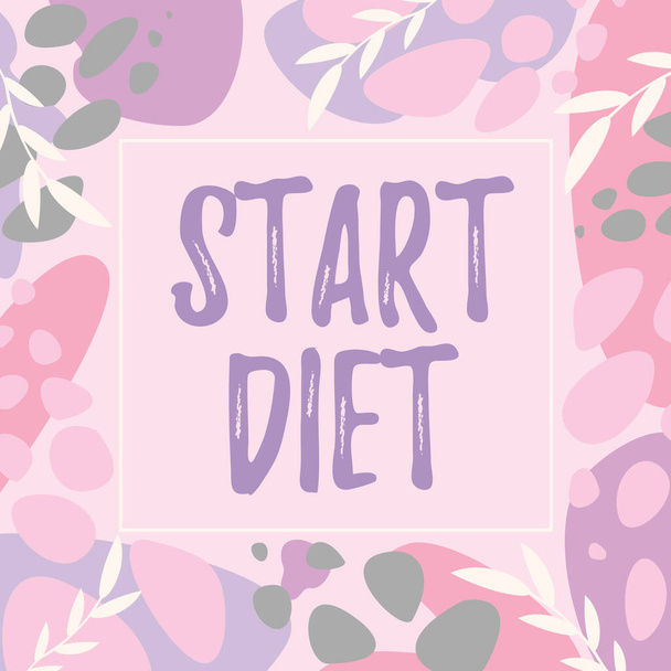 Text sign showing Start Diet. Business overview the practice of eating food in a regulated and supervised fashion Text Frame Surrounded With Assorted Flowers Hearts And Leaves. - Photo, Image