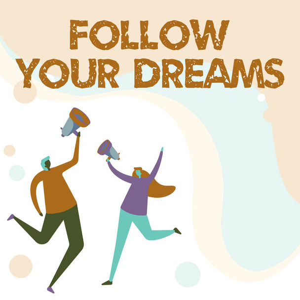 Tekstitys esittää Follow Your Dreams. Liiketoiminta yleiskatsaus motivoiva ja inspiroiva ilmaus jatkaa sydämesi halu kuvitus Partners Jumping Around Sharing Ajatukset kautta - Valokuva, kuva