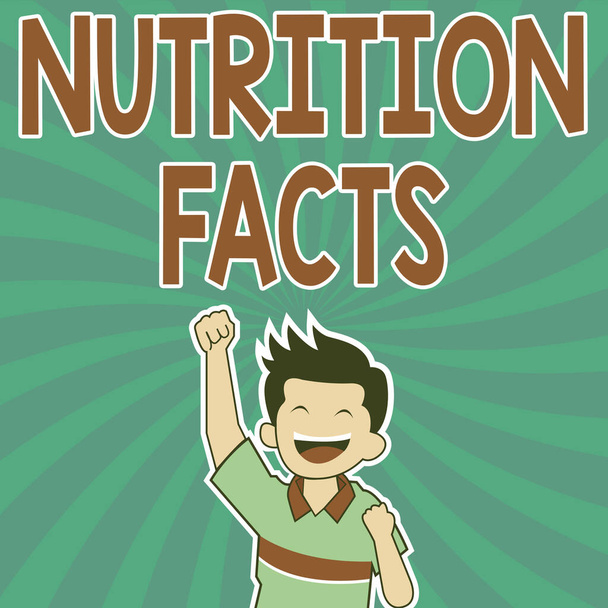 Text sign showing Nutrition Facts. Word for detailed information about a food s is nutrient content Cheerful Man Enjoying Accomplishment With Spiral Background Raising Hand. - Photo, Image