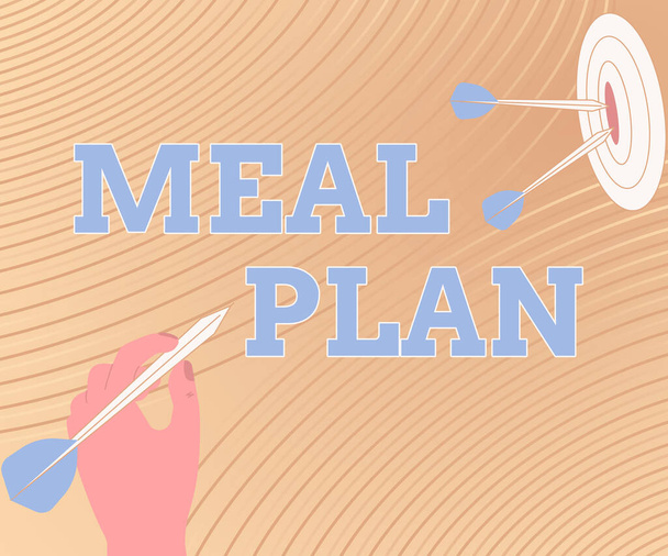 食事計画の表示に署名します。Word文書は、週の食事の数を計画するための時間をかけて書かれていますメッセージのヒットターゲット概念を提示,要約目標を発表. - 写真・画像