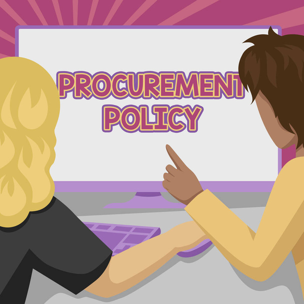 Conceptual display Procurement Policy. Business idea govern choice of suppliers used to tell their suppliers Couple Drawing Using Desktop Computer Accomplishing Their Work. - Photo, Image