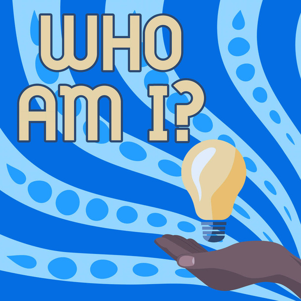 Konceptuális felirat Ki vagyok én Kérdés. Üzleti ötlet az önazonosságról vagy személyes életcélról kérdezni Lady Hands Holding Lamp With Formal Outfit Bemutatás Új ötletek a projekthez, - Fotó, kép