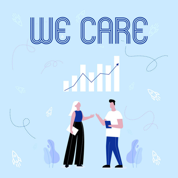 Inspiration zeigt Zeichen We Care. Konzeptfoto, das das Leben von jemandem schätzt Pflege und Bereitstellung seiner Bedürfnisse Illustration von Partnern, die wunderbare Ideen zur Verbesserung ihrer Fähigkeiten teilen. - Foto, Bild