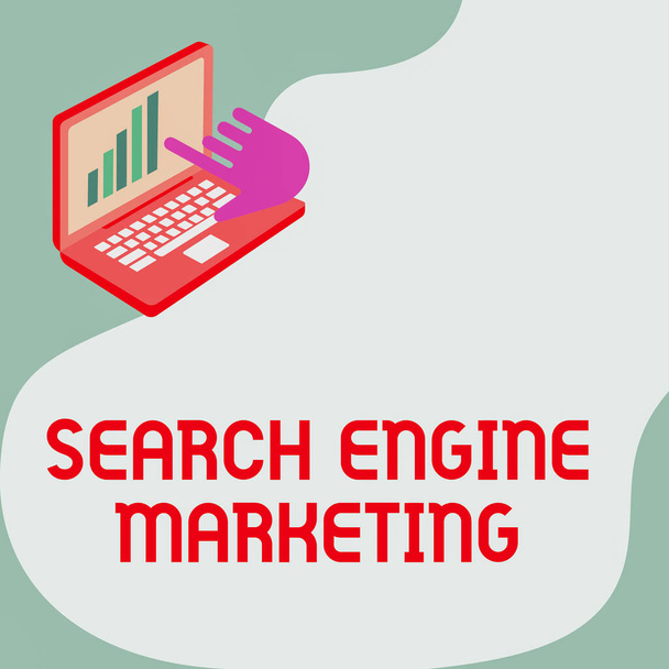 Text sign showing Search Engine Marketing. Business idea online digital optimization and ranking of websites Laptop Drawing Showing Graph Growth Hand Pointing Screen. - Photo, Image