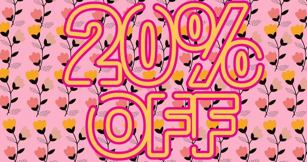 Image of 20 percentage text over flowers on pink background. sales, retail and savings concept digitally generated image. - Fotoğraf, Görsel