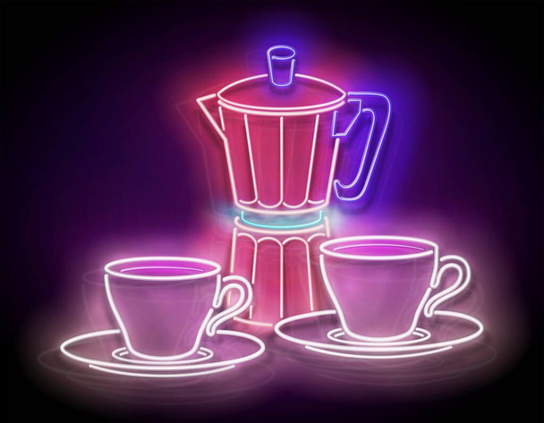 Glow Cups of Coffee and Geyser Coffee Maker. Cafe Label, Morning Drink. Neon Poster, Flyer, Banner, Invitation. Glossy Background. Vector 3d Illustration - Вектор, зображення