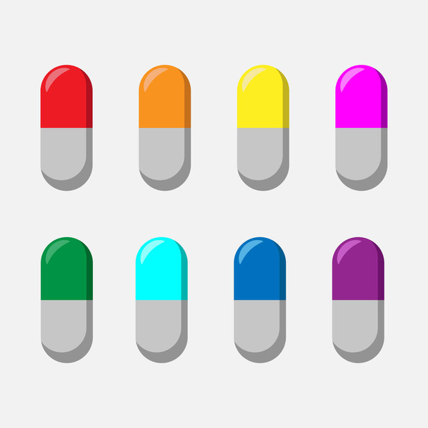 Ícone de vetor de pílula. Conjunto de drogas em oito cores - Vetor, Imagem