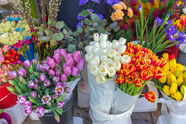 Bouquets of Fresh Colourful Holland Tulips Flowers - Фото, изображение