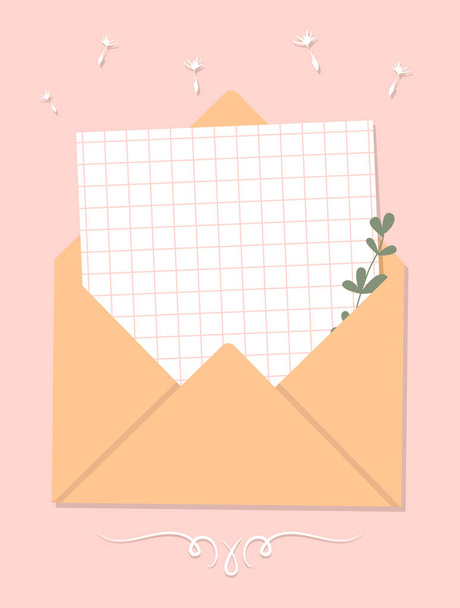 A piece of paper and plant sticks out of the envelope. Note paper on a pink background. Vector illustration, flat style. - Διάνυσμα, εικόνα