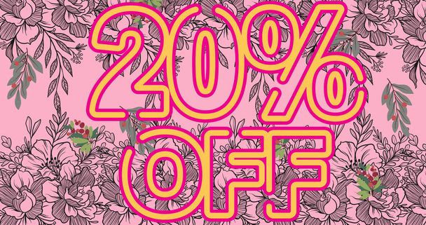Image of 20 percentage text over flowers on pink background. sales, retail and savings concept digitally generated image. - Foto, Imagem