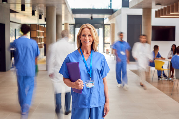 Portrait Of Female Doctor Wearing Scrubs Holding Patient Notes In Busy Hospital - Foto, imagen