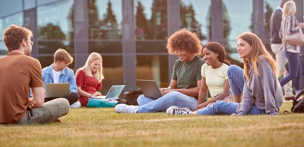 Group Of University Or College Students Sit On Grass Outdoors On Campus Talking And Working - Foto, imagen
