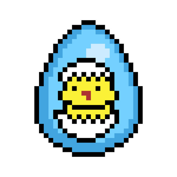 Easter egg painted blue decorated with a chick sitting in cracked eggshell sticker, 8 bit icon isolated on white background. Old school vintage retro 80s, 90s 2d video game, slot machine graphics. - Vetor, Imagem