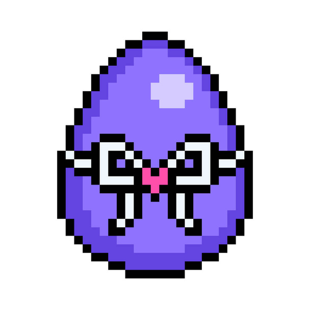 Easter egg painted purple decorated with white ribbon bow and heart sticker, 8 bit icon isolated on white background. Old school vintage retro 80s, 90s 2d video game, slot machine graphics. - Vetor, Imagem