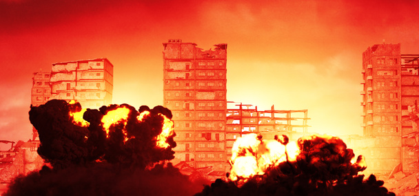 Rosyjski nalot na Kijów, Ukraina. Samoloty bojowe bombardują wrażliwe cele w Kijowie. Wybuchy spowodowane pociskami rakietowymi budynków i domów. Wojna. 3d renderowanie - Zdjęcie, obraz