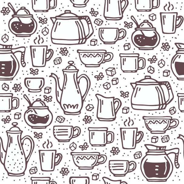 Seamless pattern with coffee pot and mugs. Doodle style. Design element for banner, wrapping paper, fabric. Vector illustration. - Vettoriali, immagini