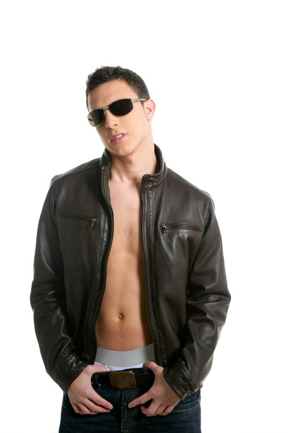 Young sexy boy sunglasses and leather jacket - Φωτογραφία, εικόνα