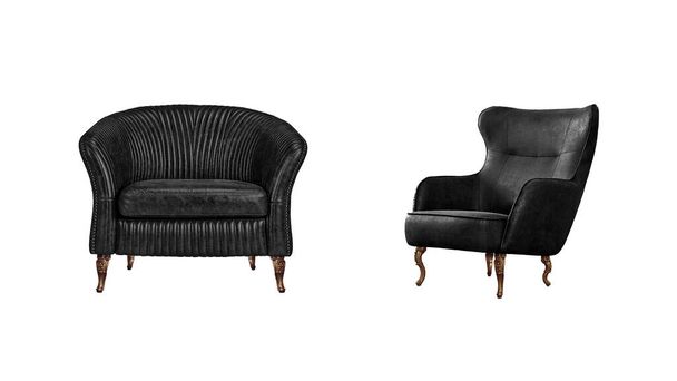 Два чорні класичні шкіряні крісла на декоративних латунних ніжках ізольовані на білому тлі з відсічним контуром. Серія меблів
 - Фото, зображення