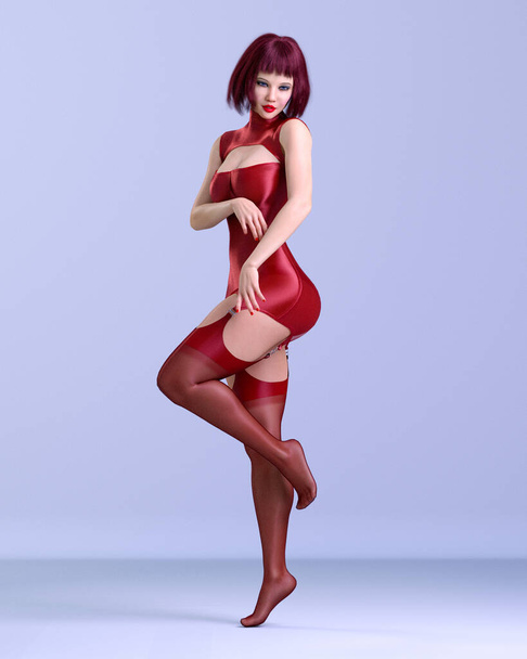 3D render beautiful sexy woman red nylon sleeveless jumpsuit and stockings.Woman studio photography.Fashion show.Intimate lingerie collection.Conceptual fashion art - Photo, image