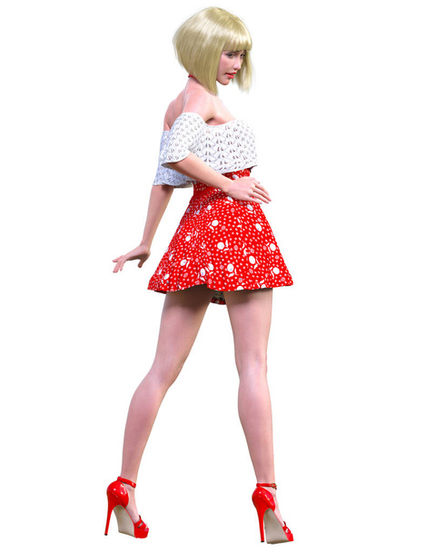 Beautiful blonde asian japan woman red short dress.Summer clothes collection.Bright makeup.Woman studio photography.Conceptual fashion art.Femme fatale.3D Render. - Foto, Imagem