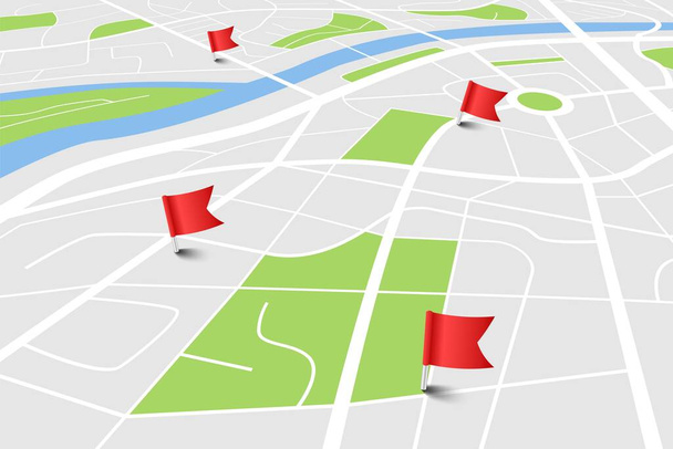 Mapa města s polohou. Plán Vektorového města s špendlíkem pro GPS trasu. Kartografie pozadí červené navigační ukazatele - Vektor, obrázek