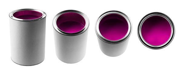 Un frasco con pintura púrpura en diferentes ángulos sobre un fondo blanco - Foto, Imagen