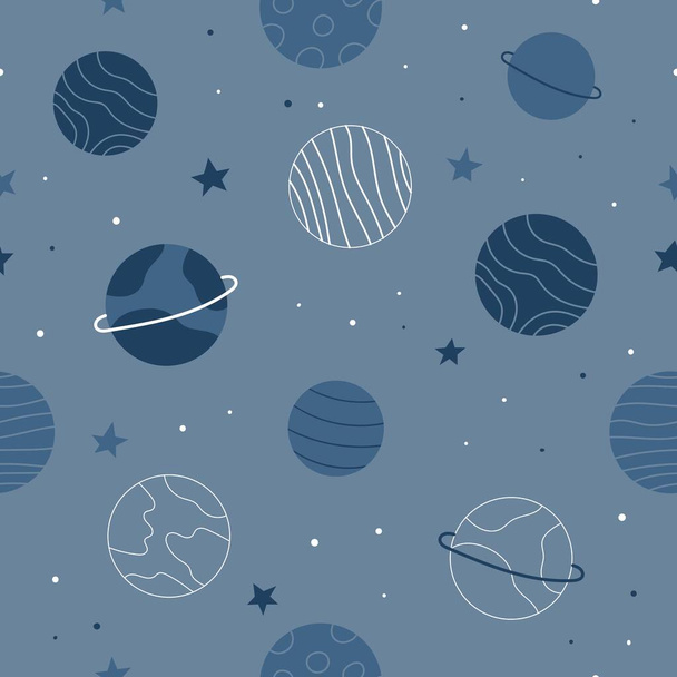 Бесшовный рисунок с нарисованными вручную планетами и звездами на синем фоне. Космическая тема. Векторная иллюстрация. - Вектор,изображение