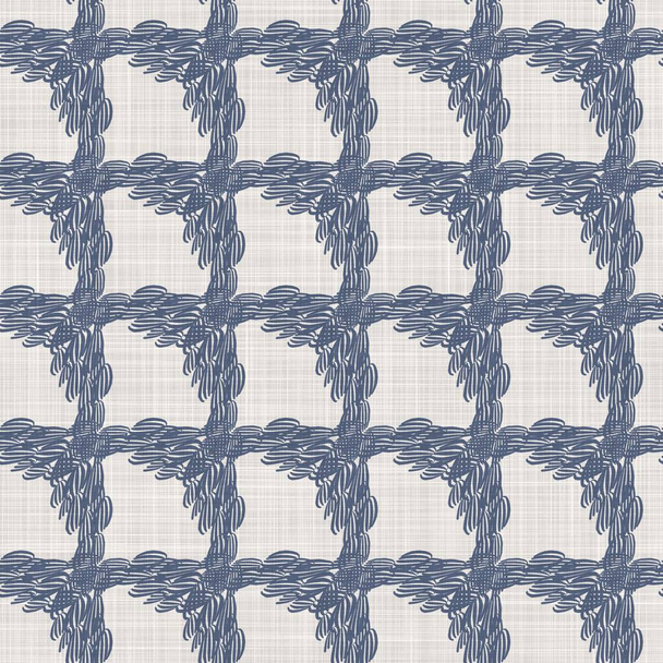 French blue geometric linen seamless pattern. Tonal farmhouse cottage style abstract grid background. Simple vintage rustic fabric textile effect. Primitive modern shabby chic kitchen cloth design. - Photo, Image