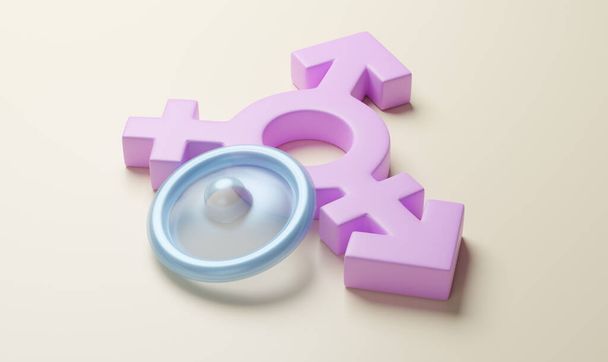 Sex condom for protection. Safe sex. Condom and transgender gender symbol. 3d render - Фото, зображення