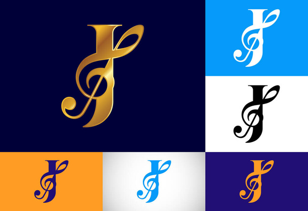 Alfabeto inicial del monograma J con una nota musical. Signos sinfónicos o melódicos. Signo musical símbolo. - Vector, Imagen