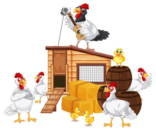 漫画風のイラストで鶏のグループと隔離されたシーン - ベクター画像