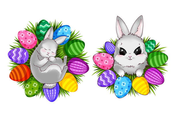 Conjunto de lindos conejos de Pascua, conejos sentados en la hierba rodeados de coloridos huevos de Pascua brillantes, feliz primavera, una tarjeta de vacaciones dibujada a mano en estilo de dibujos animados, aislada sobre un fondo blanco. - Foto, imagen