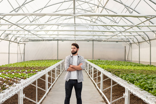 Confident farmer standing in greenhouse with plants - Фото, изображение