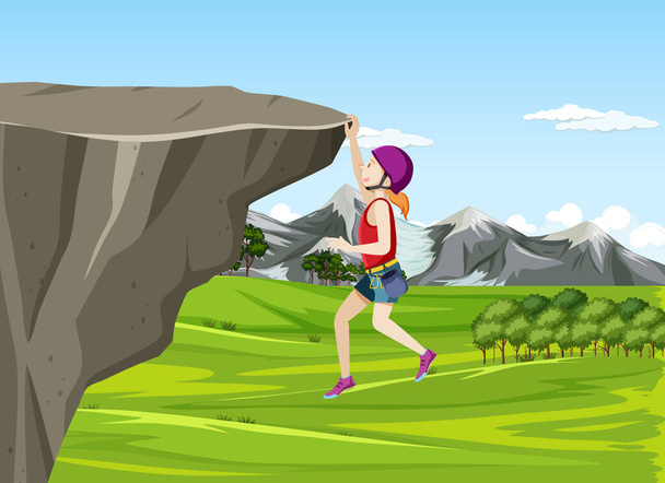Escalada en roca escena con mujer escalada ilustración - Vector, Imagen