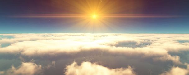 πετούν πάνω από σύννεφα ηλιοβασίλεμα τοπίο. 3d καθιστούν απεικόνιση - Φωτογραφία, εικόνα