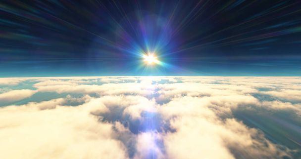 volar por encima de las nubes puesta del sol paisaje. ilustración de renderizado 3d - Foto, Imagen