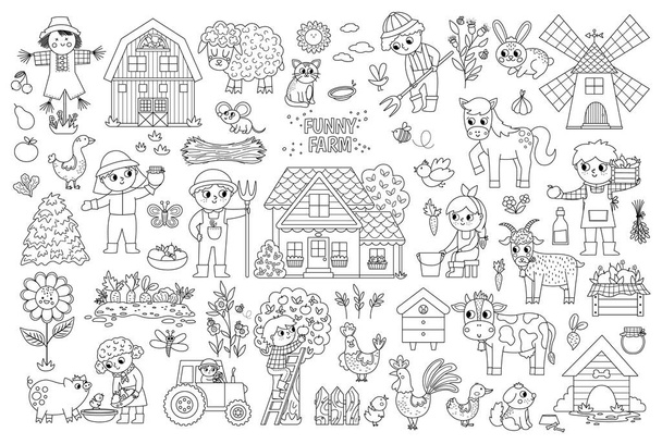 Velká černobílá vektorová farma nastavena. Venkovská kolekce ikon s legračními dětskými farmáři, stodolou, venkovským domem, zvířaty, ptáky, traktorem, větrným mlýnem. Roztomilý obrys vesnice nebo zahrada zbarvení pag - Vektor, obrázek