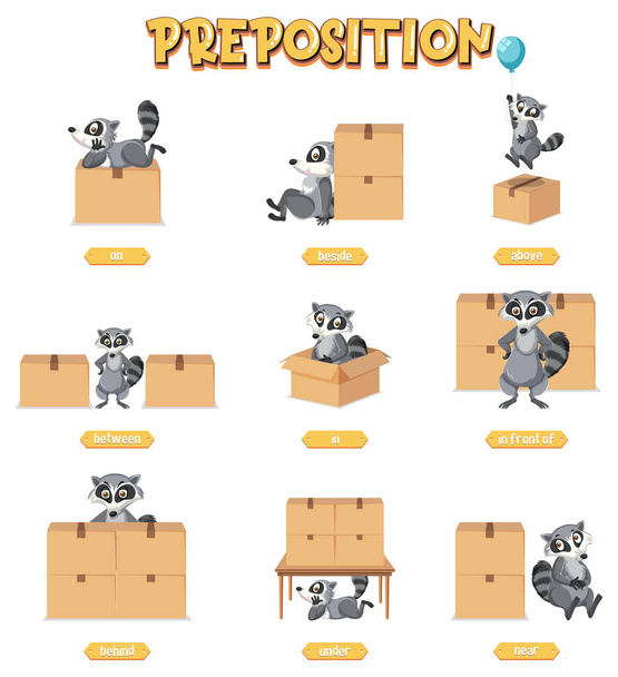 Voorzetsel wordcard ontwerp met wasbeer en dozen illustratie - Vector, afbeelding