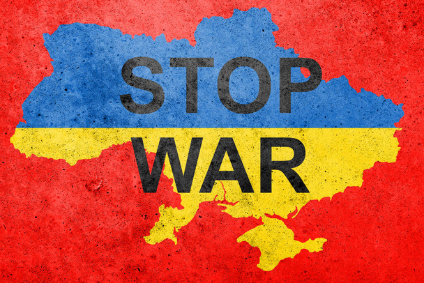 Vlajka Ukrajiny malované na betonové zdi s nápisem STOP WAR .  - Fotografie, Obrázek