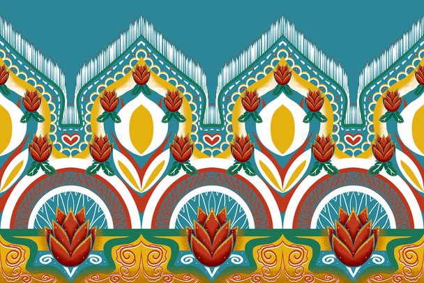 赤花上のインディゴブルー、黄色、緑幾何学的な民族東洋パターン伝統的なデザインのための背景、カーペット、壁紙、衣類、包装、バティック、ファブリック、イラスト刺繍スタイル. - 写真・画像