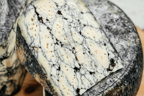 Asiago italian cheese with cuttlefish ink on a wooden board. banner, menu, recipe place for text, top view. - Photo, image