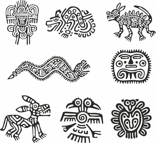 Conjunto monocromático vetorial de símbolos nativos americanos. Padrão totem dos povos da América Central e do Sul, astecas, maias, incas - Vetor, Imagem