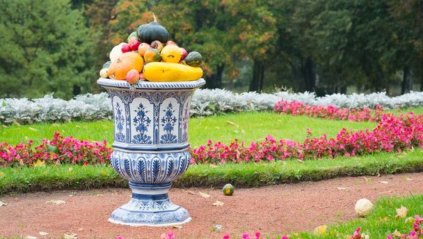 Autunno parco e terracotta vaso cinese con verdure - Foto, immagini