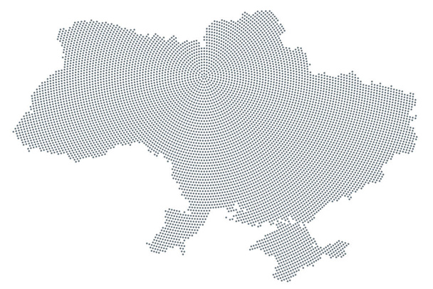 Ukraine map, radial dot pattern. Gray dots going from the capital Kyiv (also called Kiev) outwards and form the silhouette of the Eastern European country. Isolated illustration on white background - Vector, Image