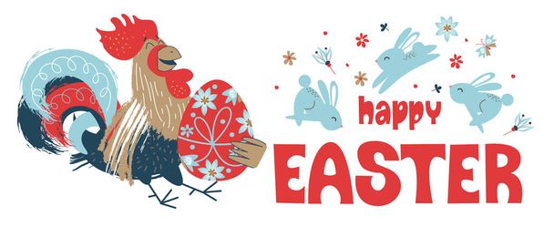happy Easter. Colorful Easter banner congratulations on Easter. A cheerful rooster with painted Easter eggs. - Vector, Image