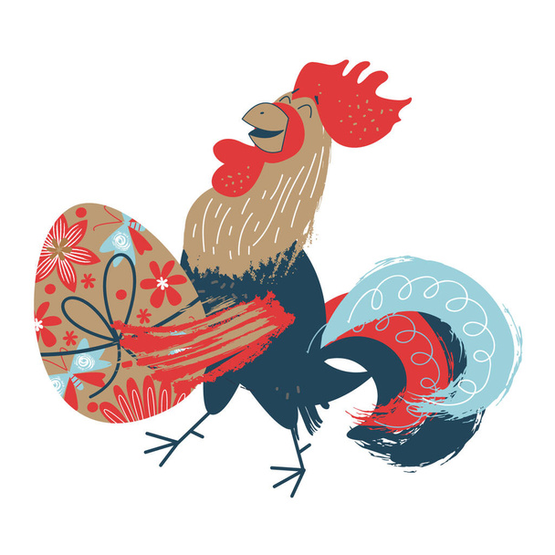 Feliz Pascua. Colorida ilustración de Pascua felicitaciones en Pascua. Un gallo alegre con huevo de Pascua pintado. - Vector, Imagen